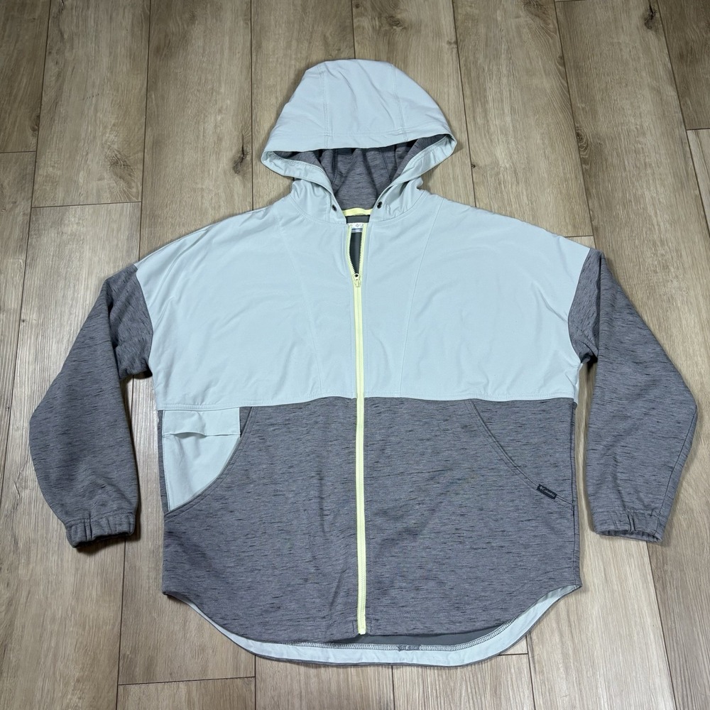 Columbia Men's Jacket Large L Hooded Hood Soft Shell Green Gray Full Zipper Coat